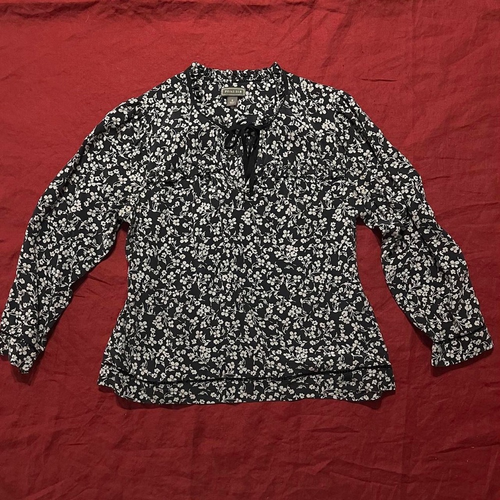 Floral silk ruffle blouse with bow